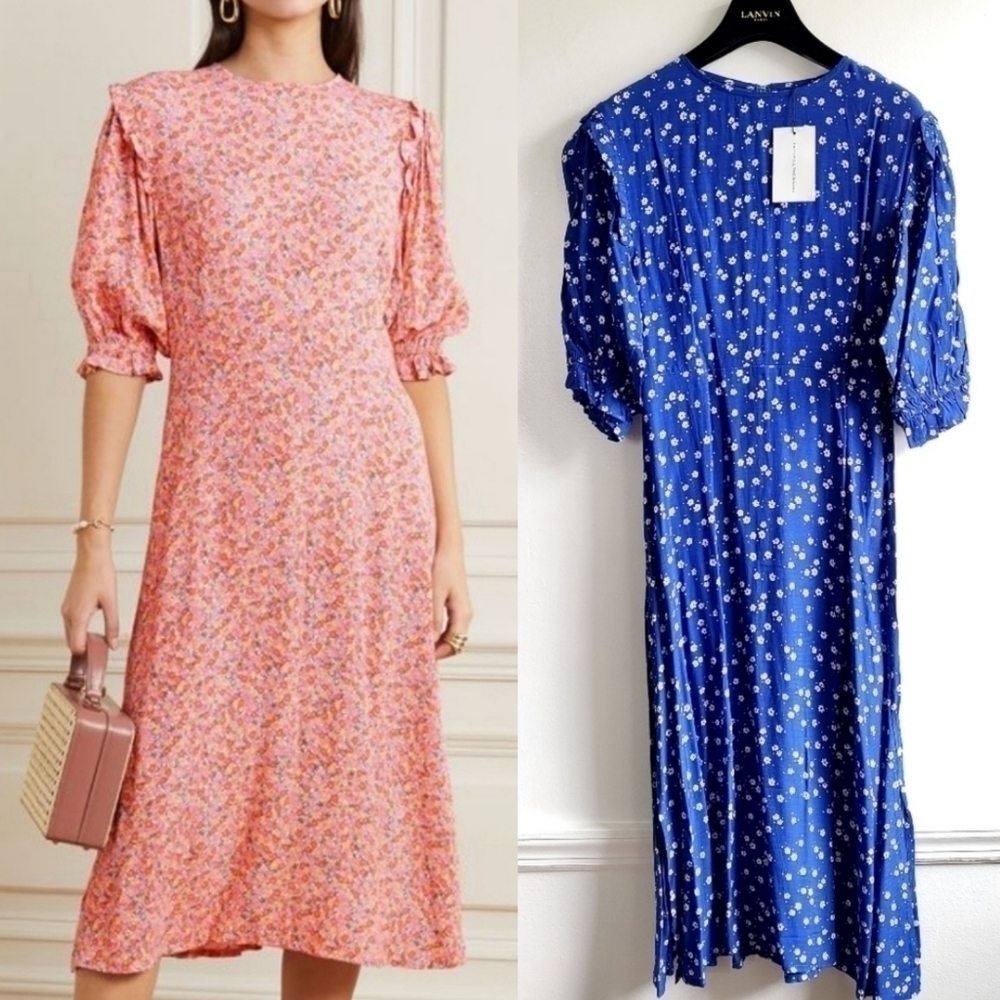 Faithfull The Brand Jean Marie Betina Floral Print Cobalt Blue Midi Dress Size 8